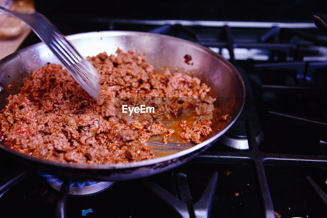 Close-up of preparing beef