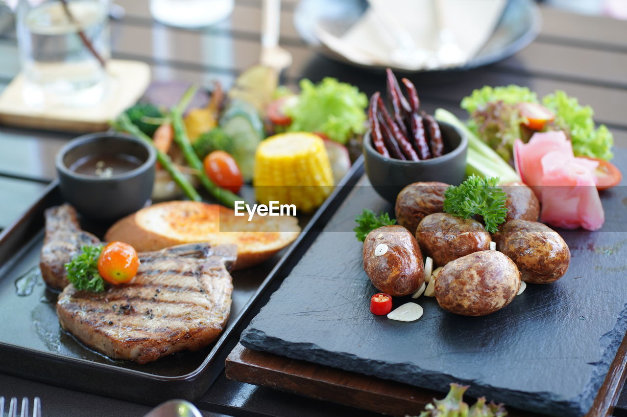 High angle view of food served on table