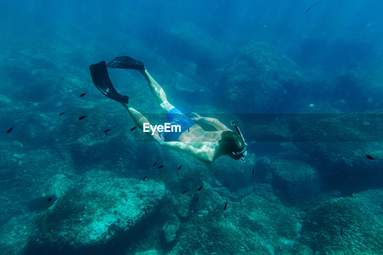 Shirtless young man scuba diving in sea