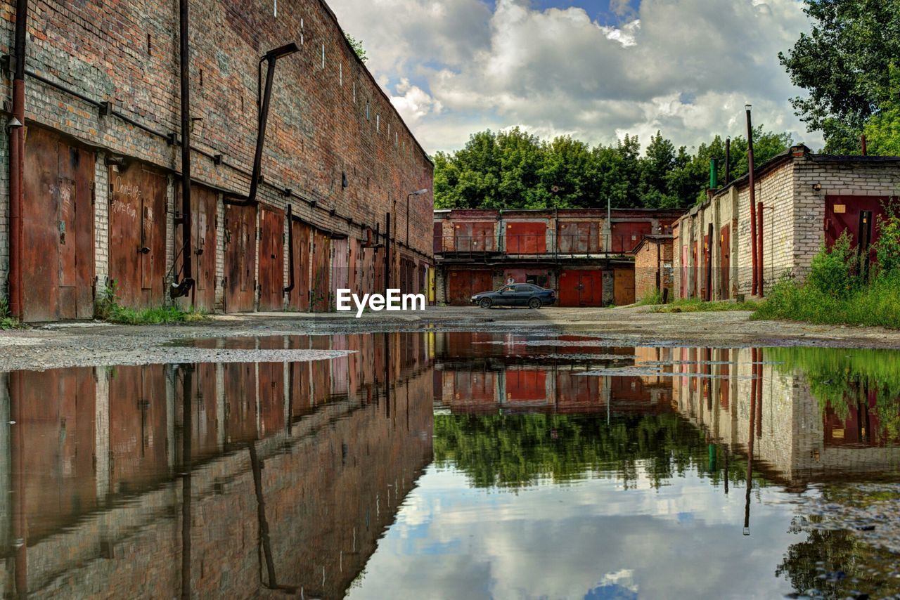 Buildings reflection in puddle on street