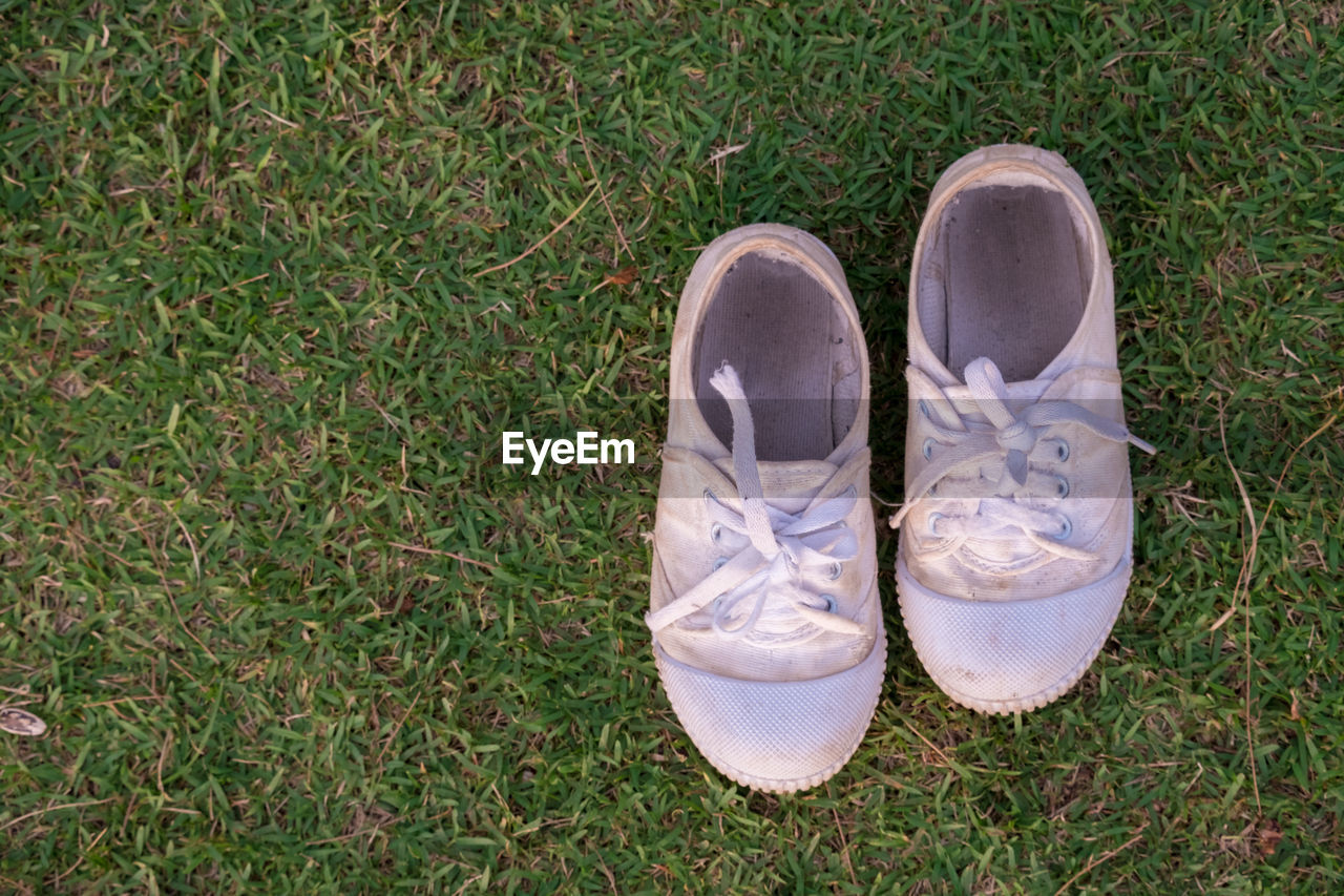 High angle view of white shoes on grass