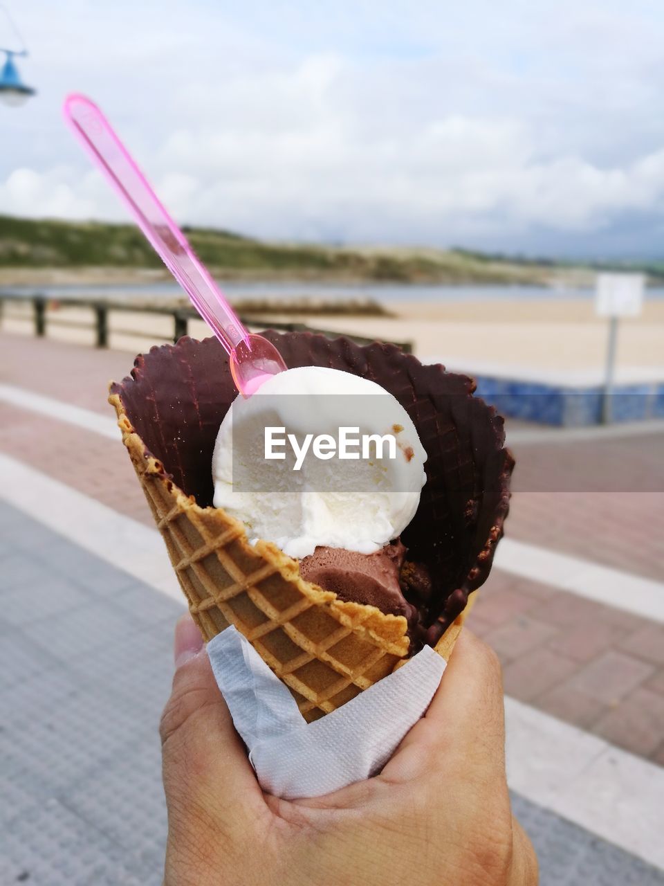 Close-up of hand holding ice cream cone