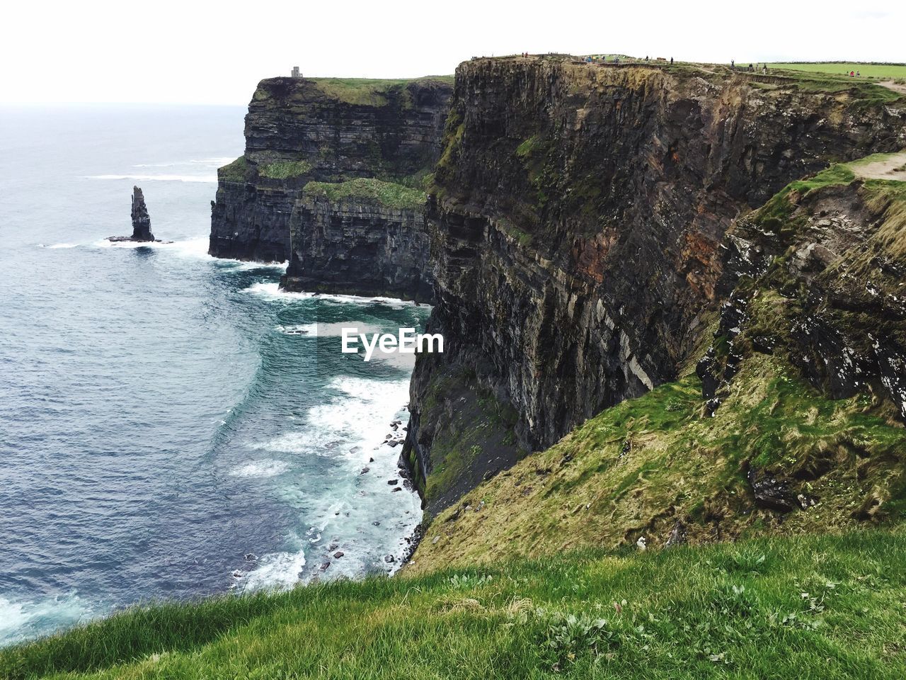 Scenic view of sea by rocky mountains