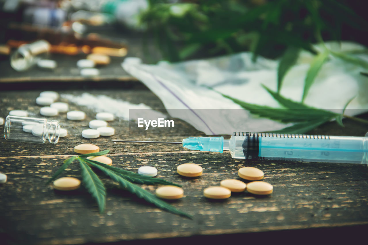 high angle view of pills on table