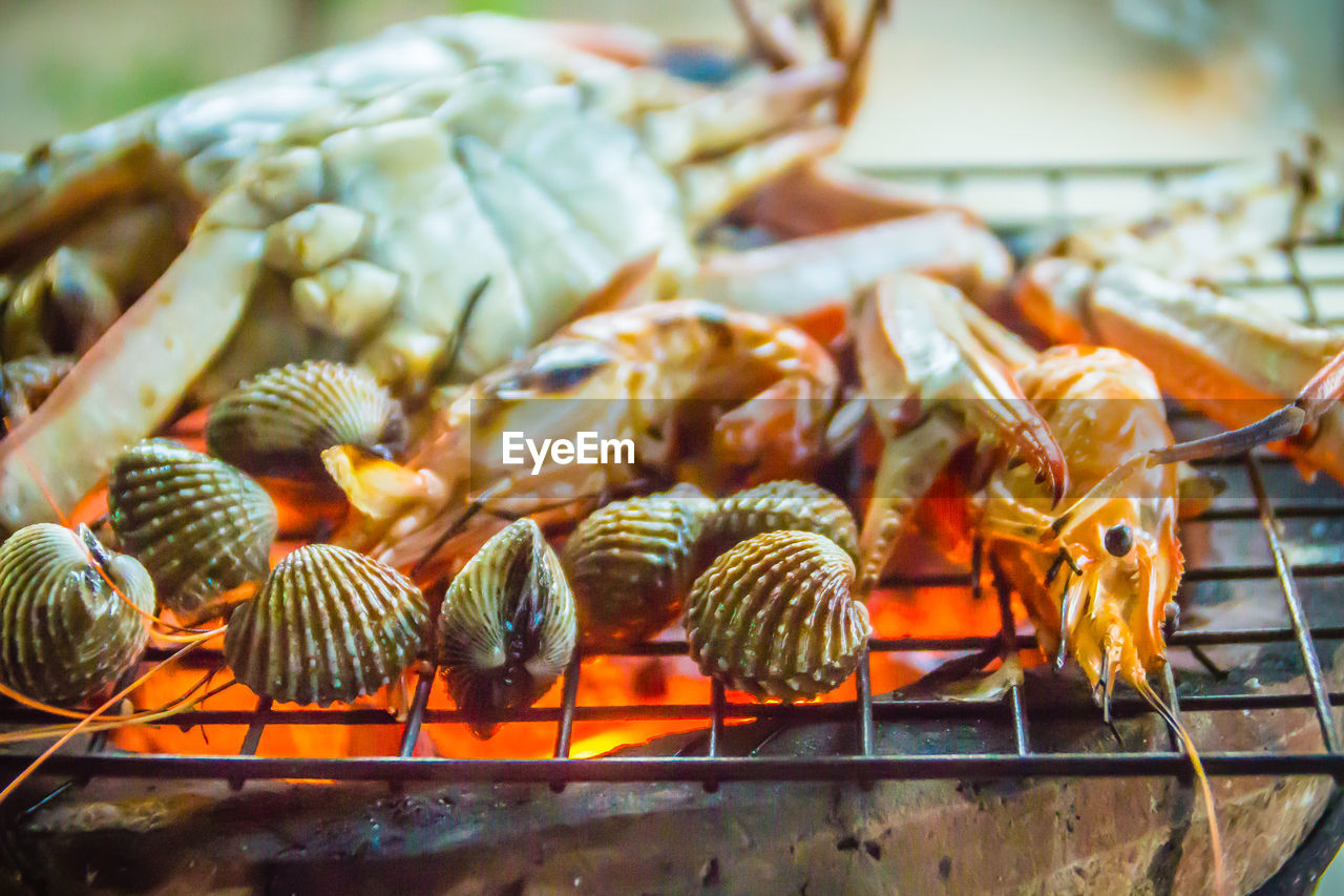 CLOSE-UP OF MEAT ON BARBECUE