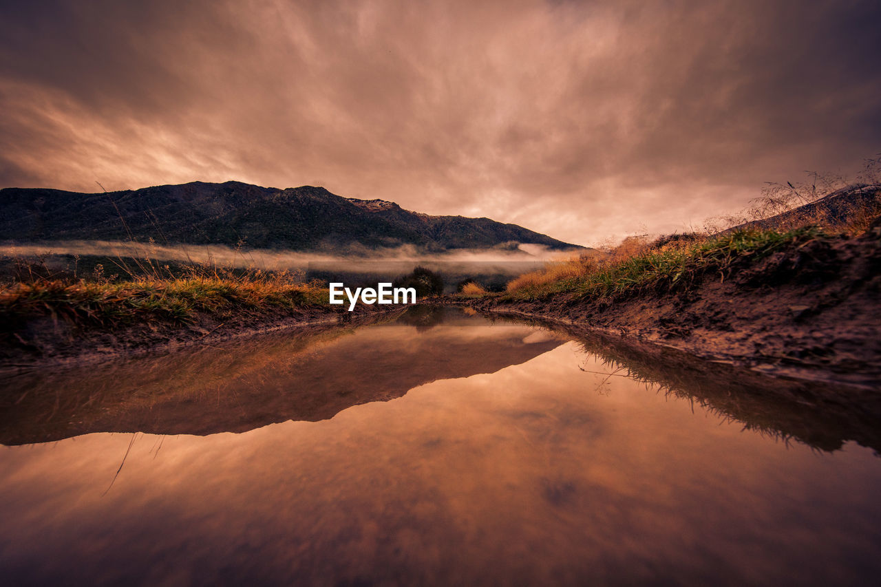 Scenic view of lake against sky during sunset