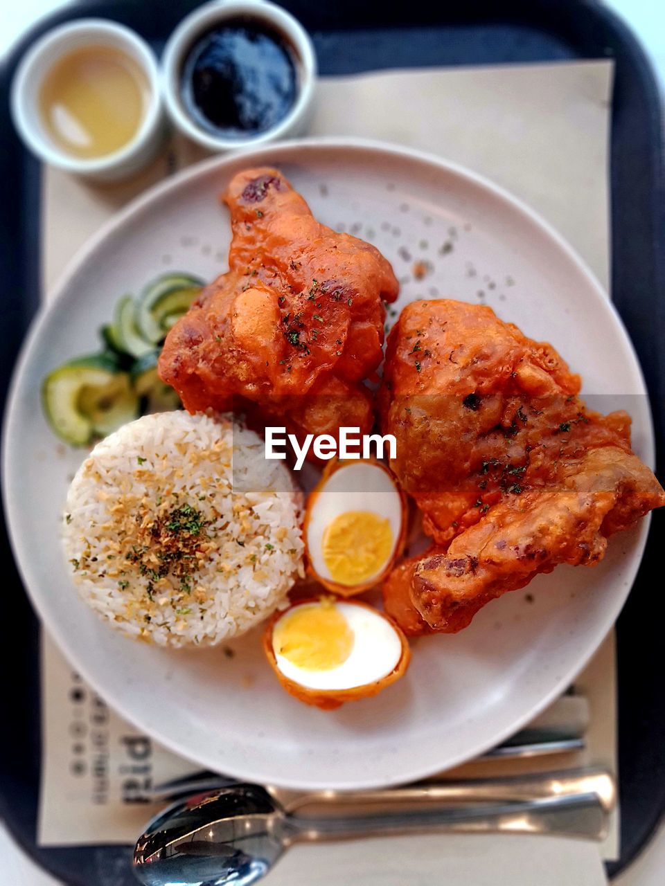 Top shot of fried chicken dish on tray