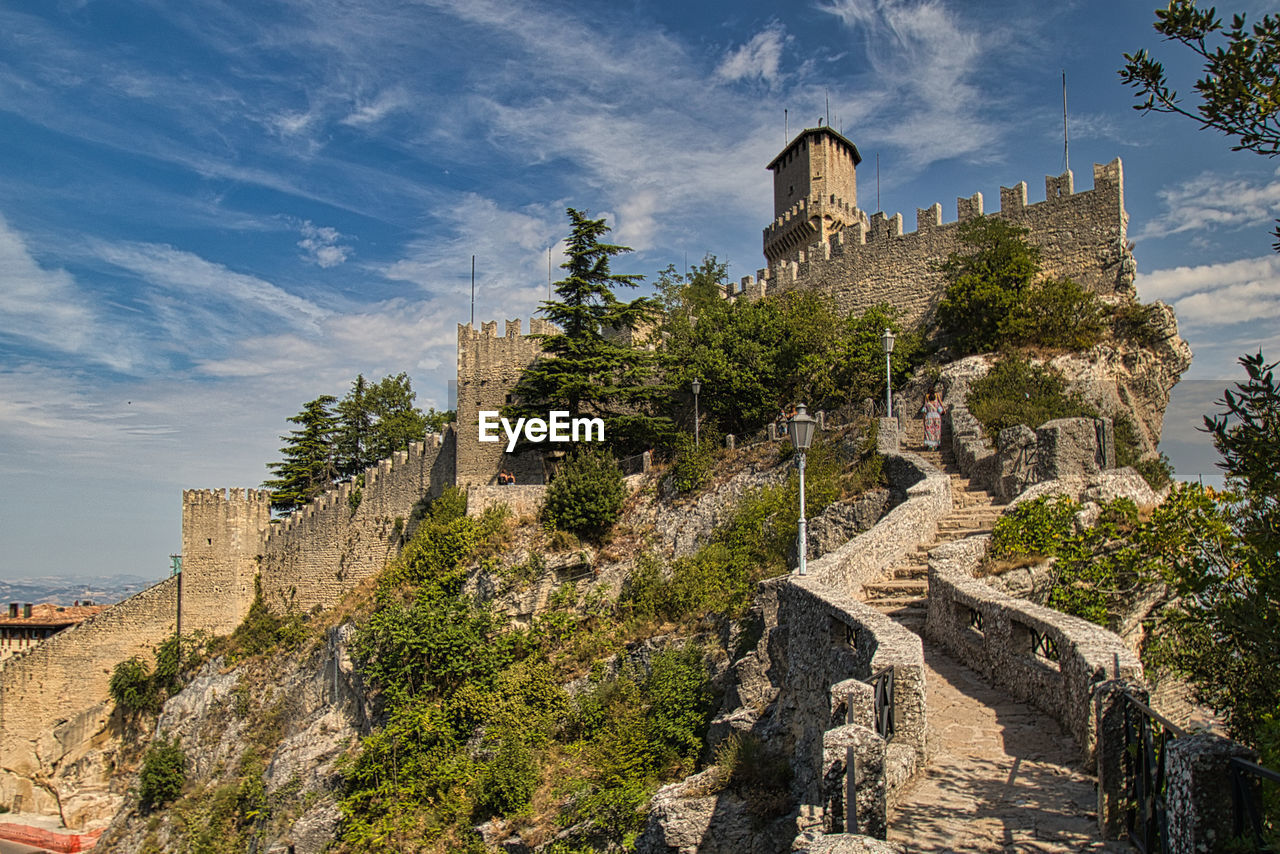 Low angle view of historic building against sky in san marino