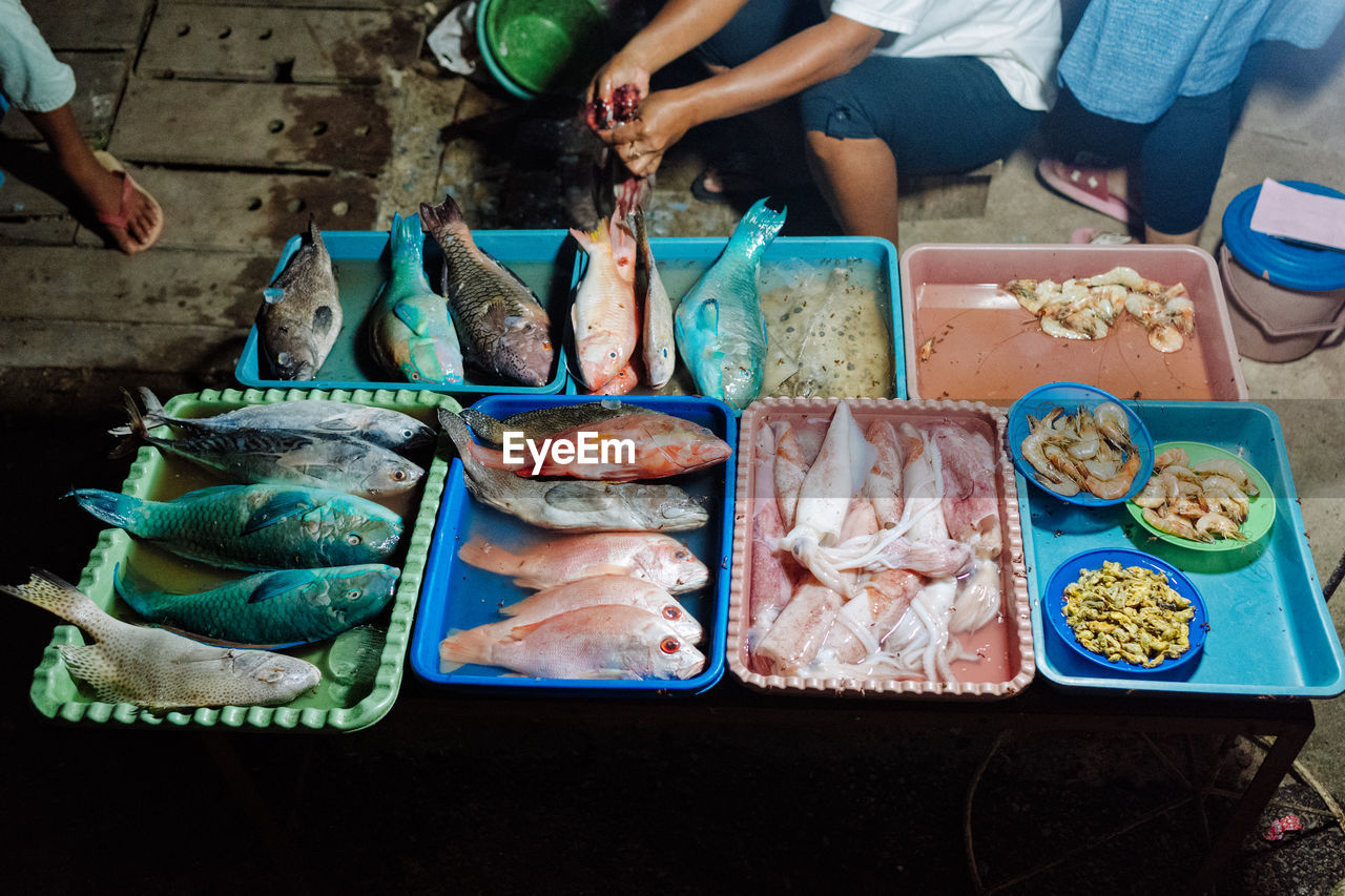 High angle view of fish on table 