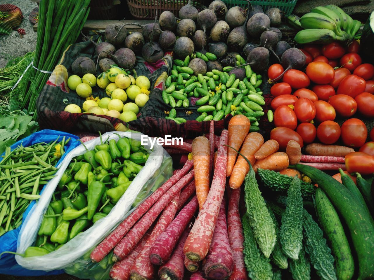 High angle view of vegetables for sale at market stall