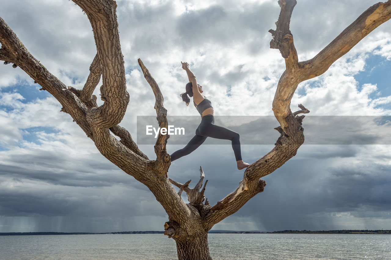 Woman standing in a tree, yoga pose, getting away from it all concept.