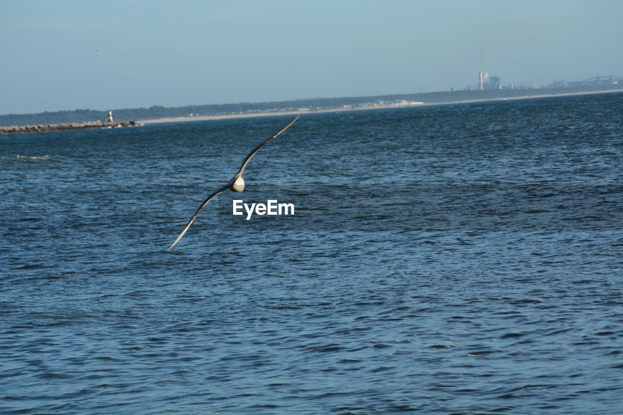 VIEW OF FISHING NET IN SEA AGAINST CLEAR SKY