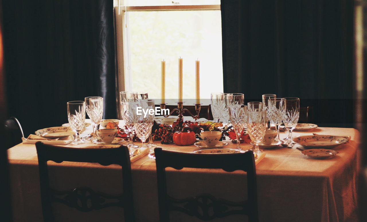 View of set dining table at home