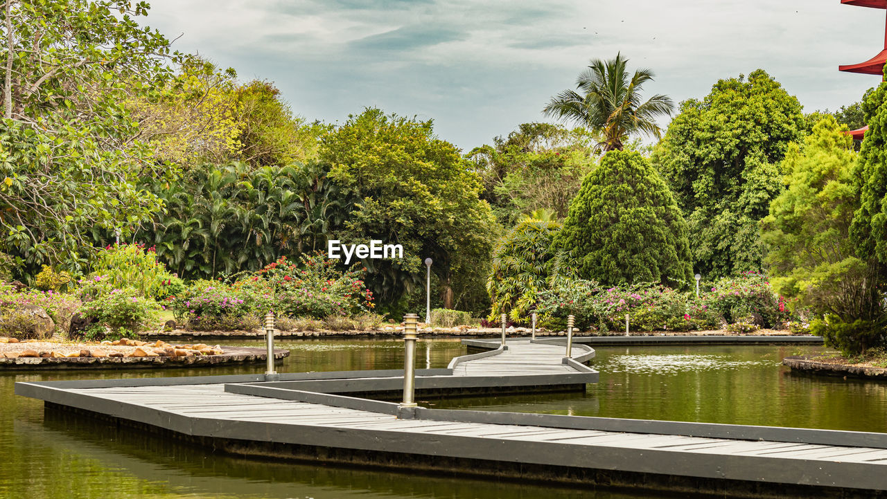 TREES BY SWIMMING POOL AGAINST LAKE