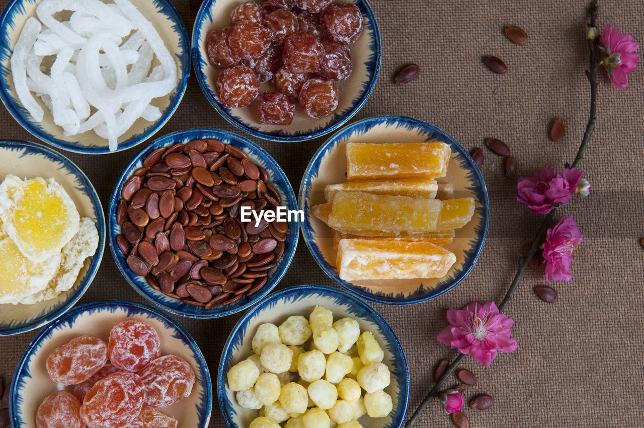 Directly above view of food in bowls on table