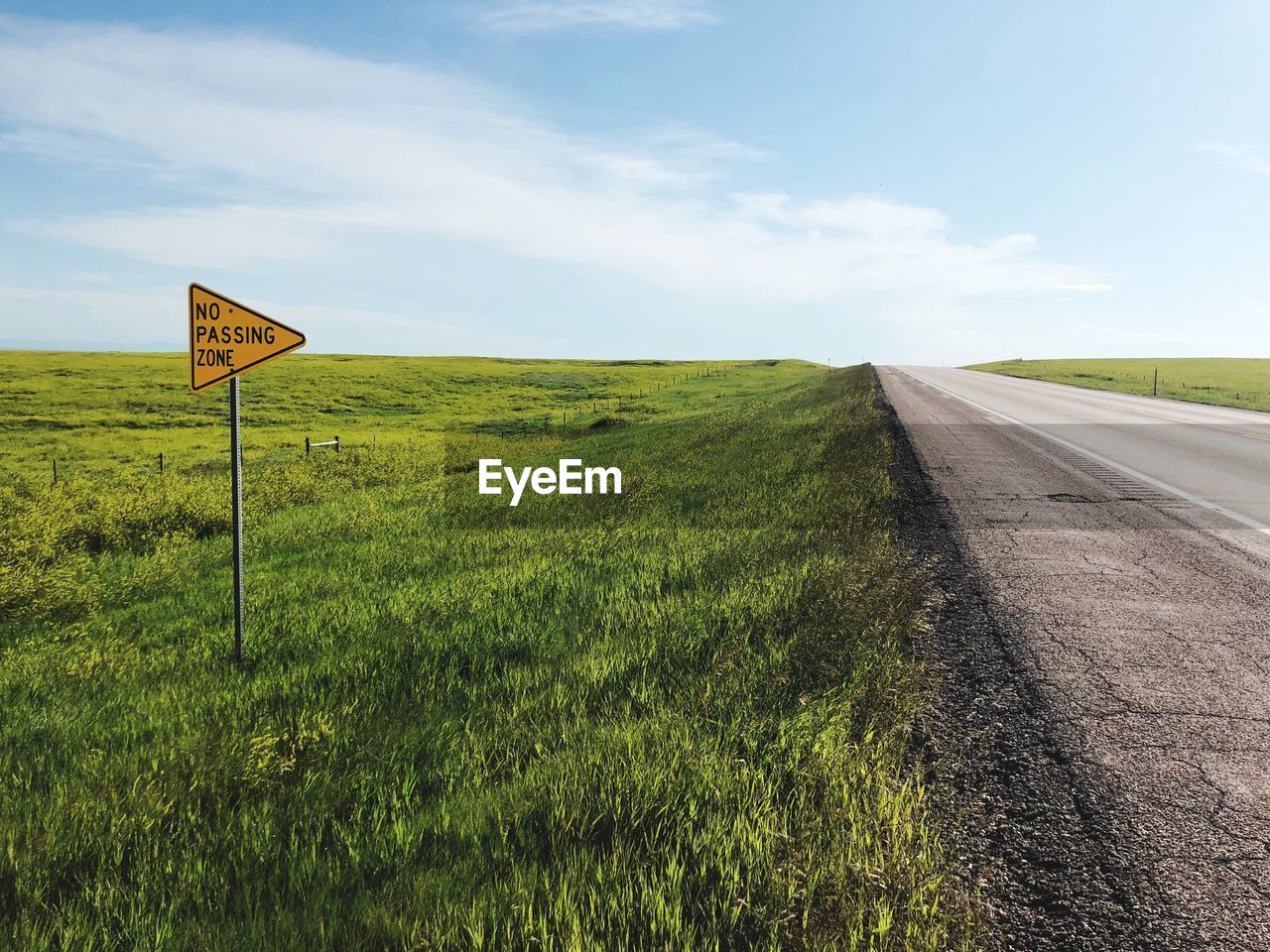 ROAD SIGN ON FIELD AGAINST CLEAR SKY