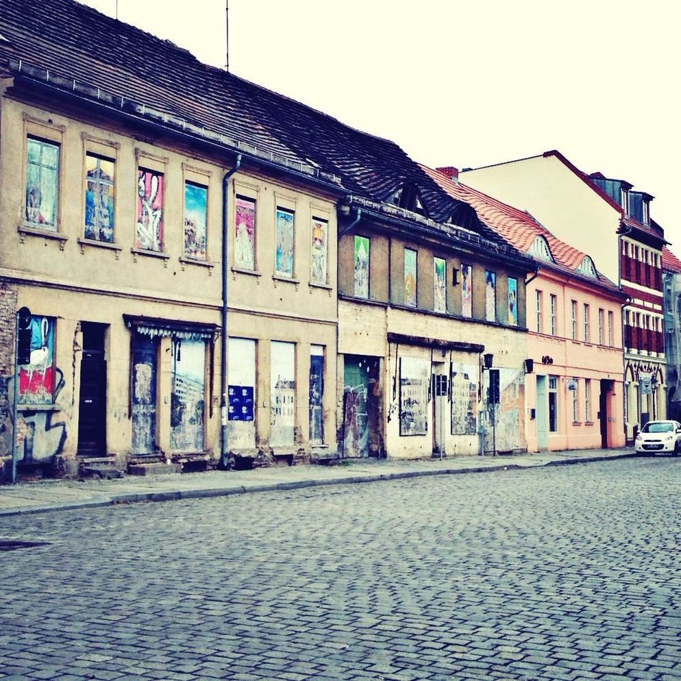 View of abandoned houses in town