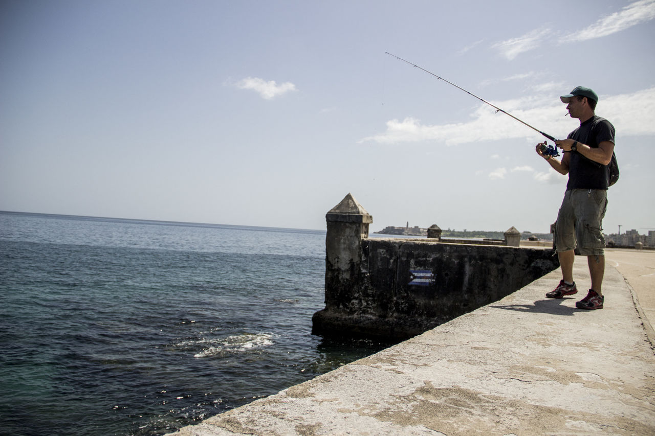 MAN FISHING AT SEA SHORE AGAINST SKY