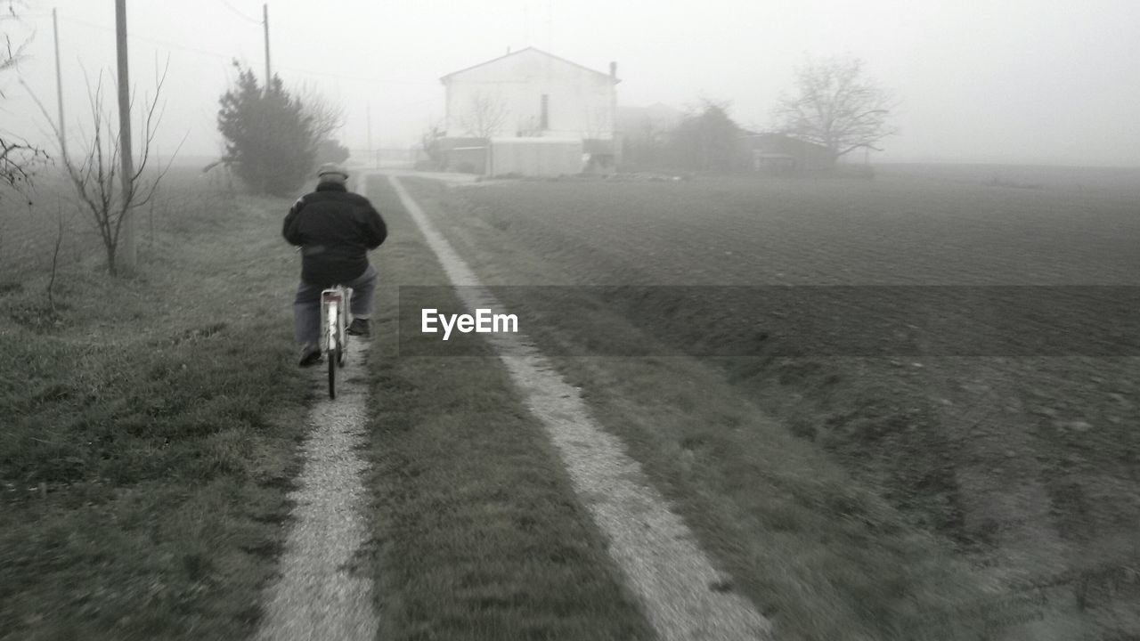 Rear view of man riding bicycle on trail at field