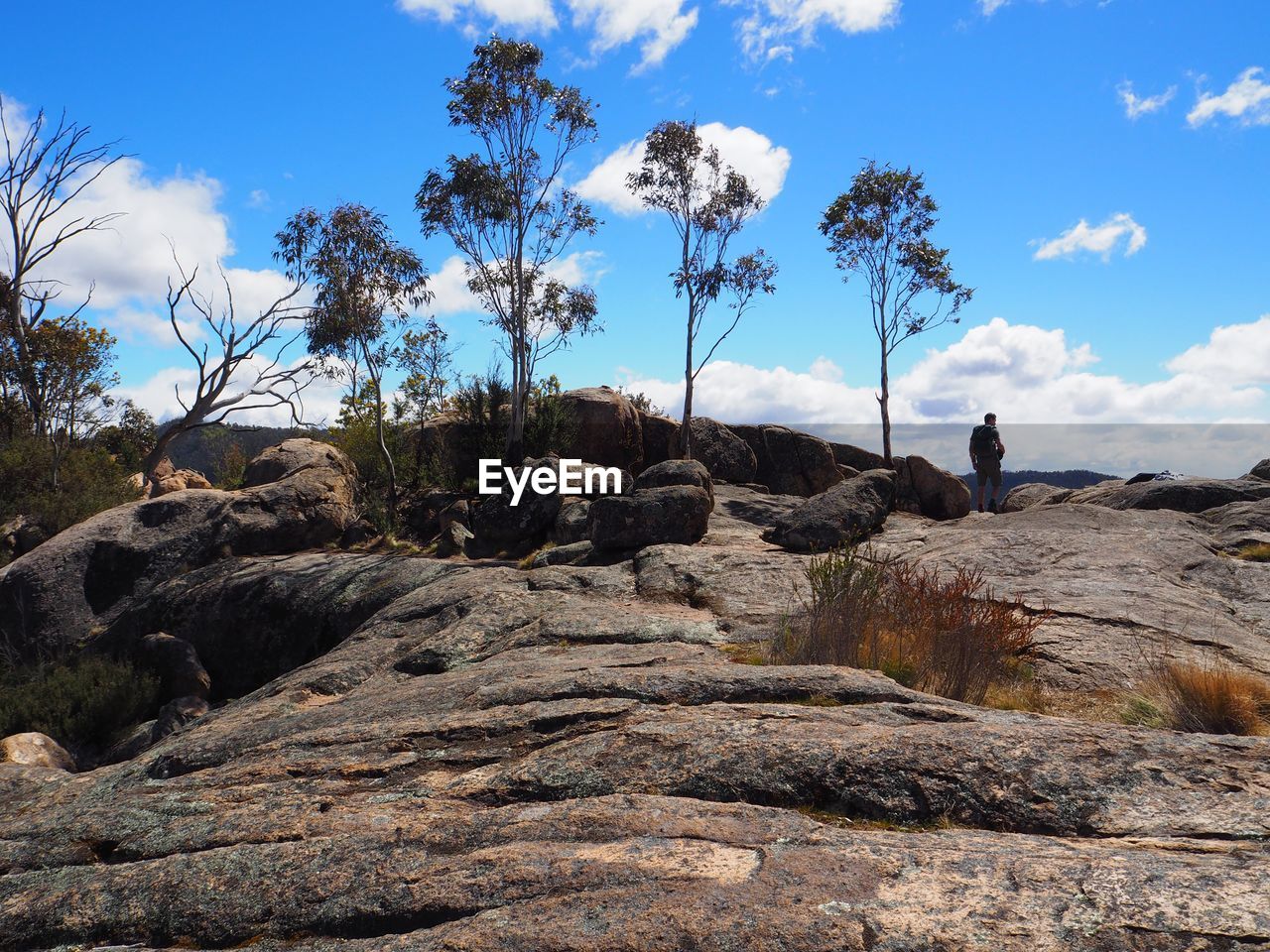 MAN ON ROCK FORMATION AGAINST SKY