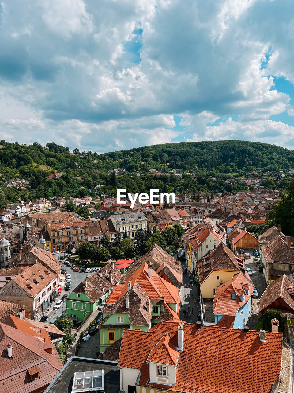 High angle view of sighisoara townscape against sky
