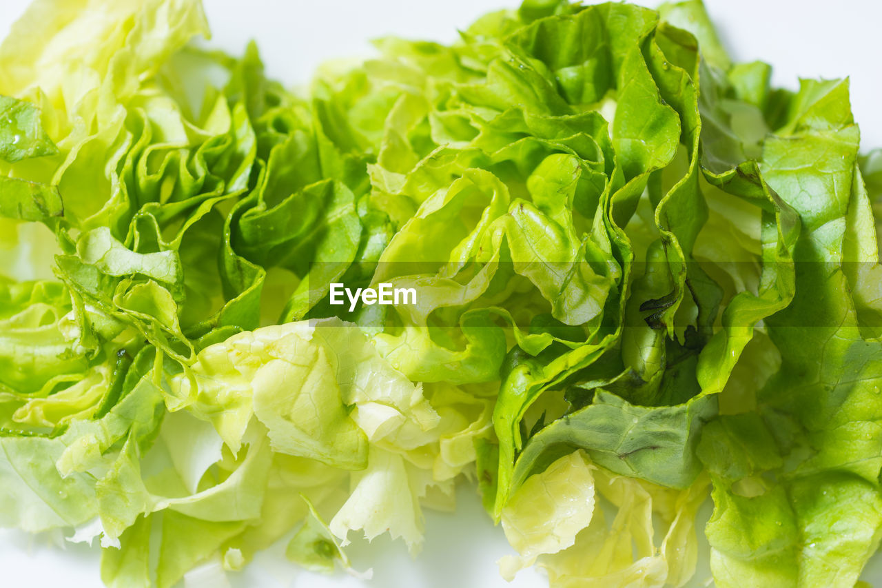 HIGH ANGLE VIEW OF CHOPPED VEGETABLES IN GREEN LEAF