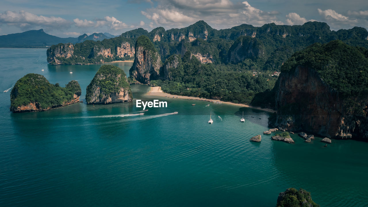 High angle view seascape and mountain view at railay bay in the rain season krabi province thailand