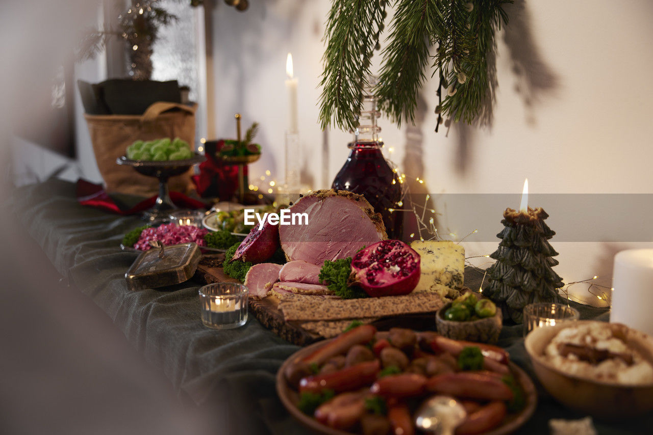 Christmas food and decoration on table