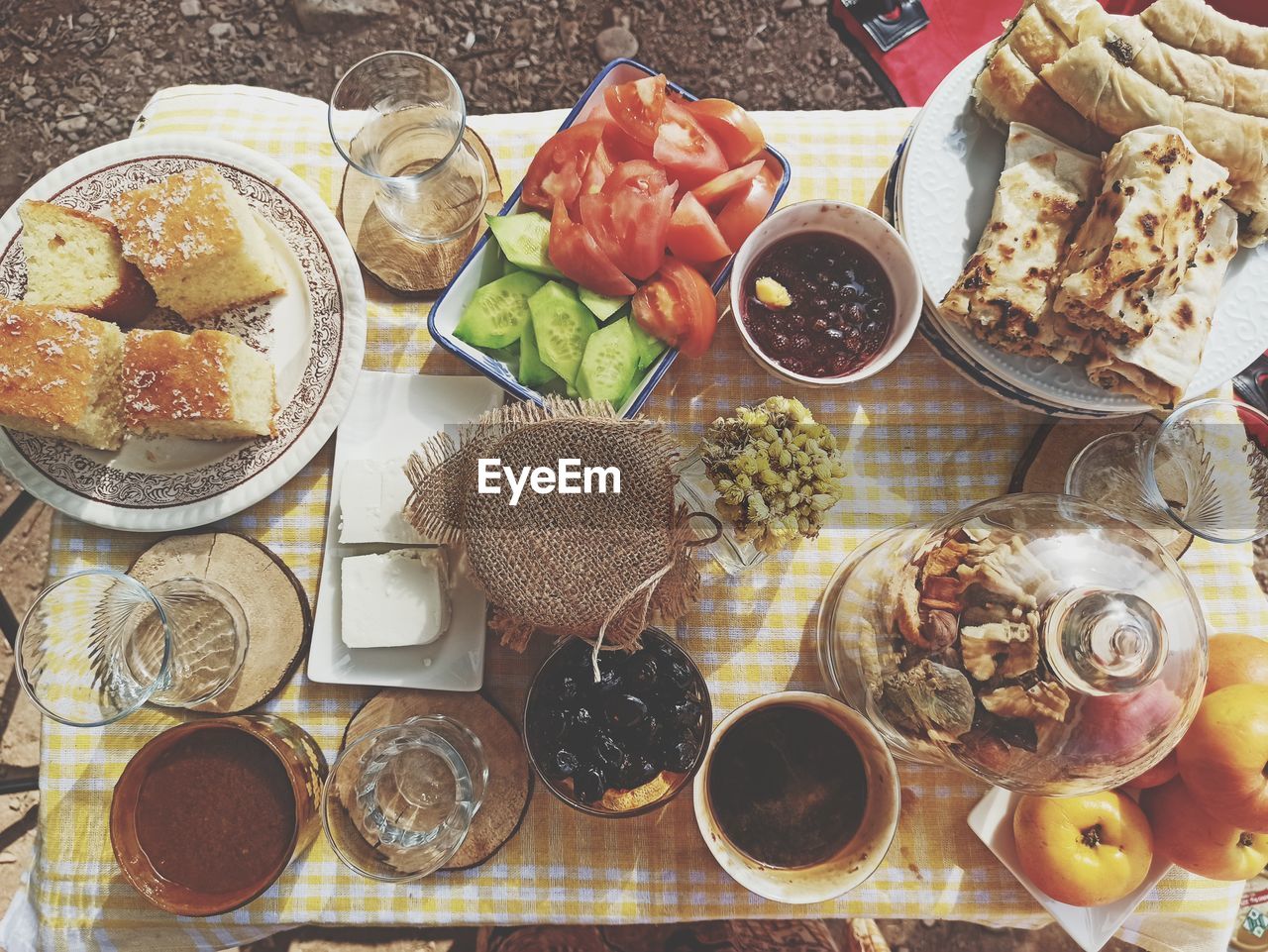 high angle view of food in bowls on table