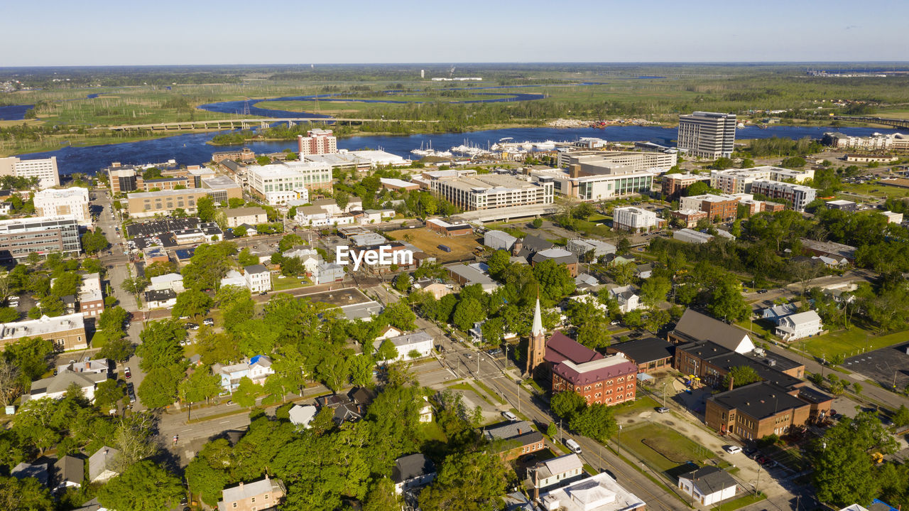 High angle view of townscape against sky