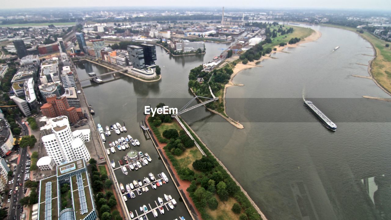 High angle view of boats at harbor