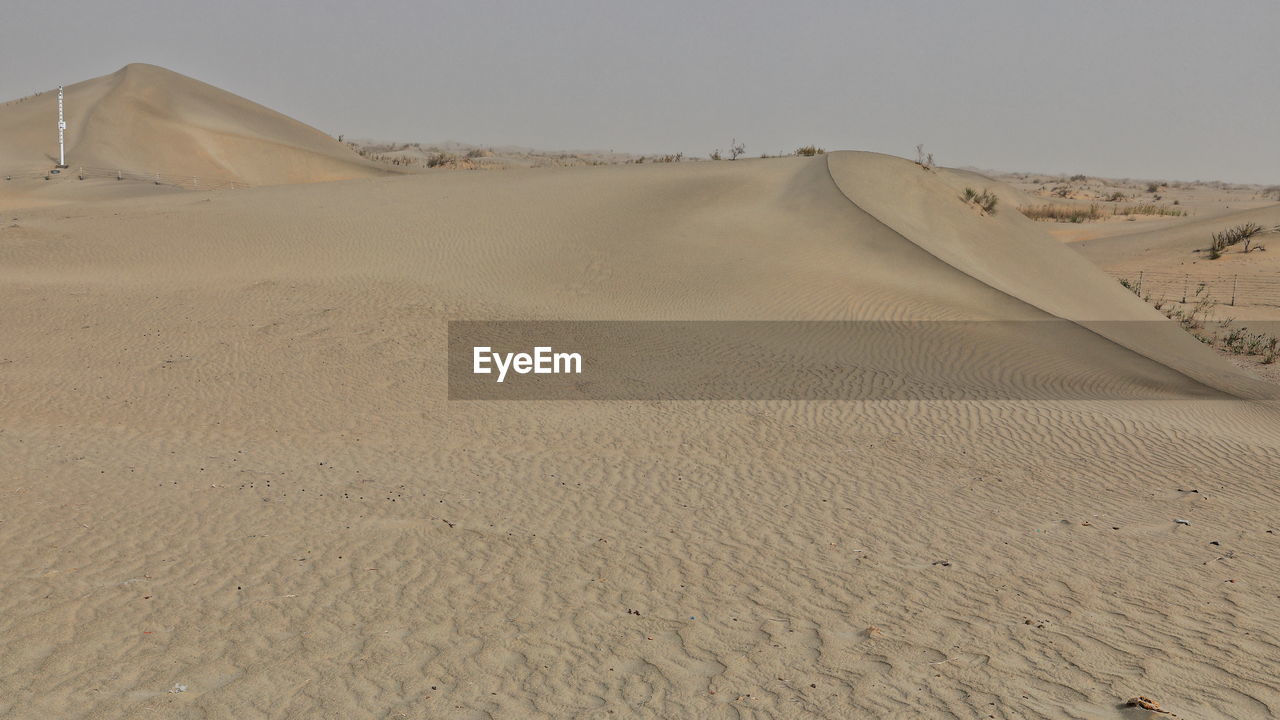 SCENIC VIEW OF SAND DUNE ON BEACH AGAINST SKY