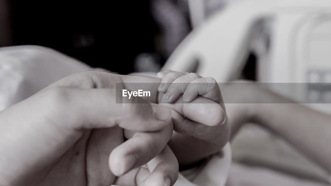 CLOSE-UP OF BABY HAND HOLDING FATHER