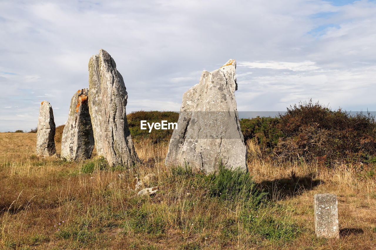 Line of the six menhirs of vieux-moulin - old mill - megalithic landmark near plouharnel in brittany