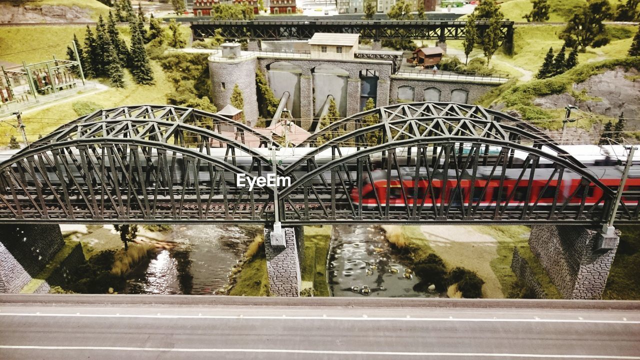 High angle view of train on bridge over river