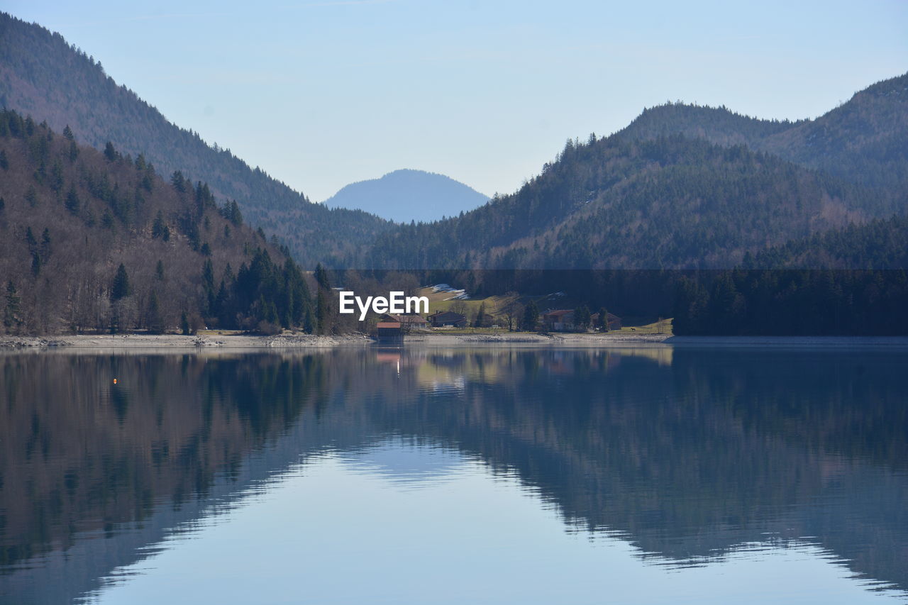 Scenic view of lake and mountains against sky
