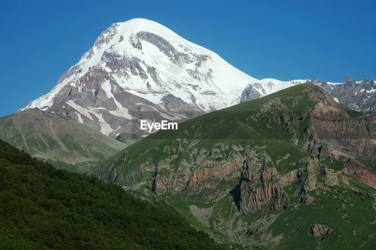 Scenic view of snowcapped mountains against clear sky