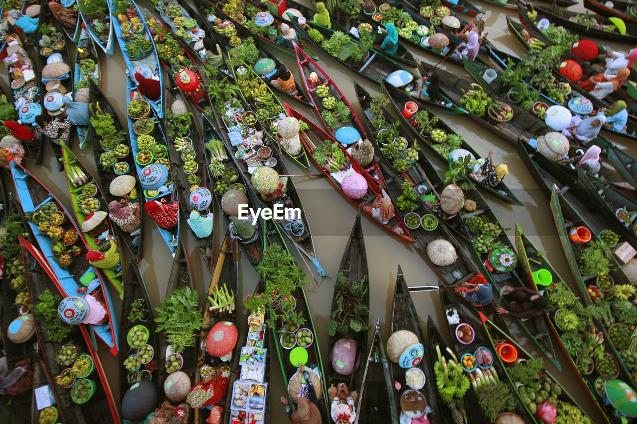 High angle view of floating market in indonesia