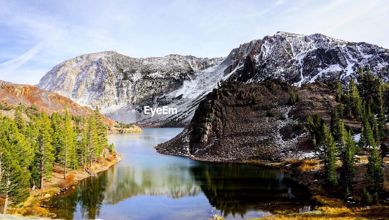 Scenic view of lake against cloudy sky