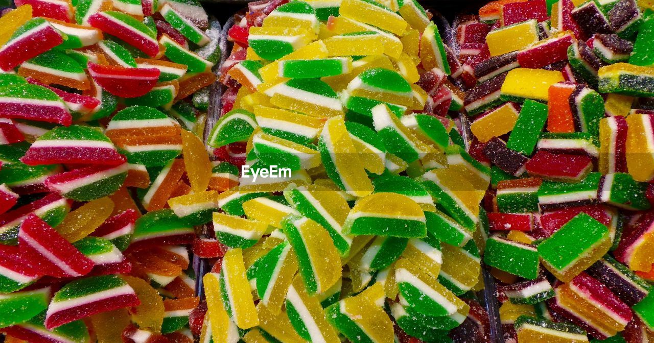 Full frame shot of multi colored sugar coated candies for sale at market