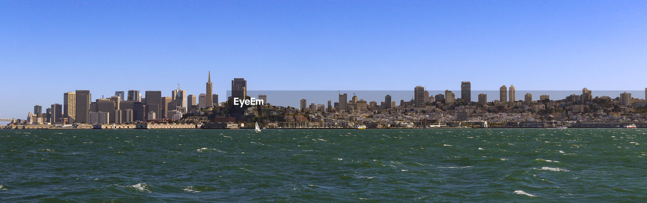 City skyline against clear blue sky