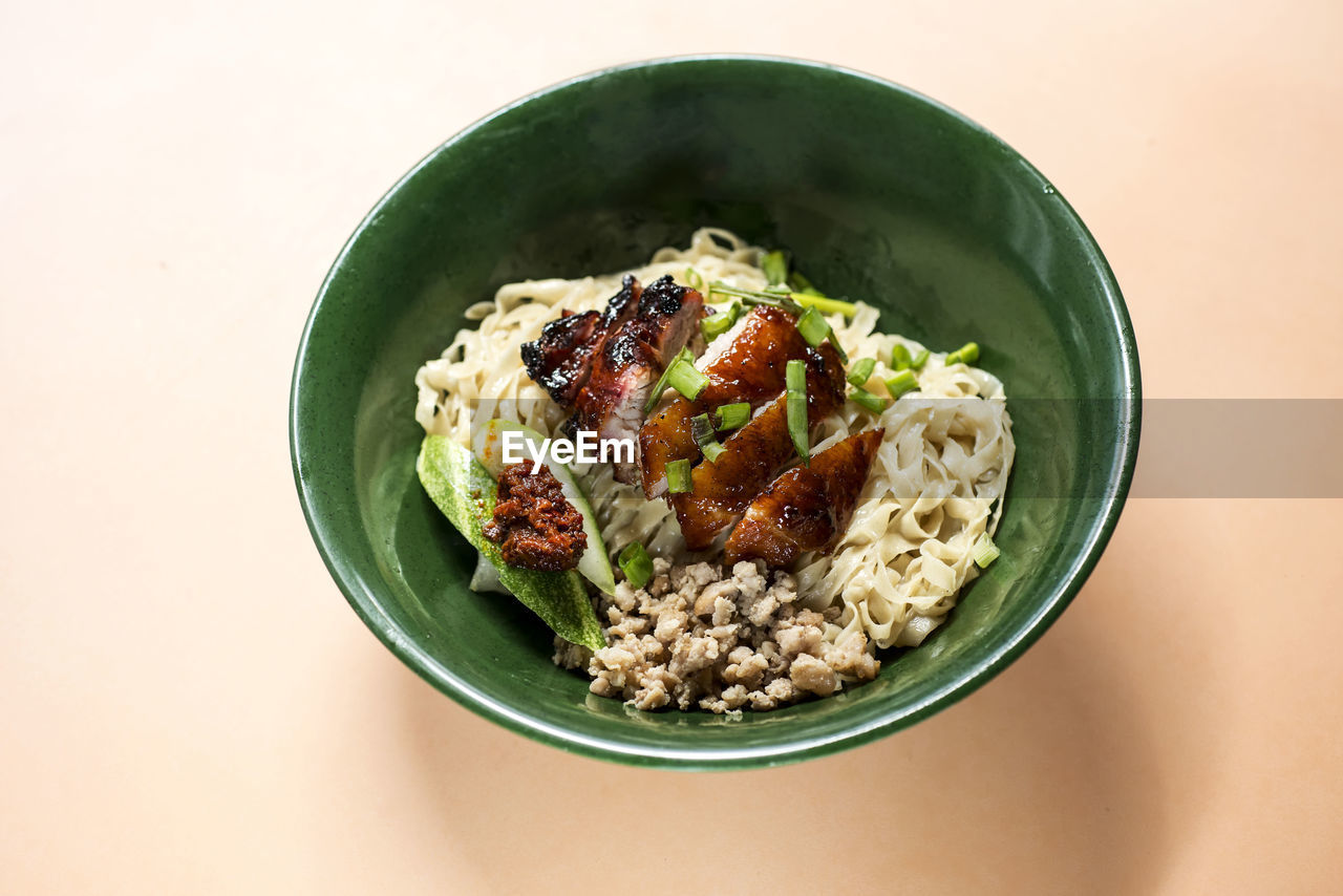 High angle view of flat noodles in bowl