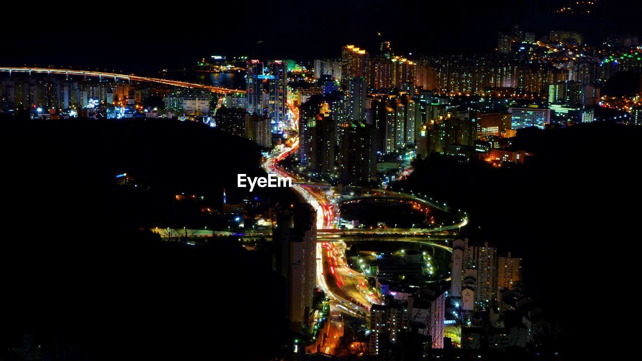 High angle shot of illuminated cityscape