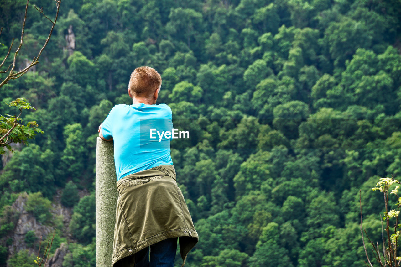 Rear view of man standing against trees in forest