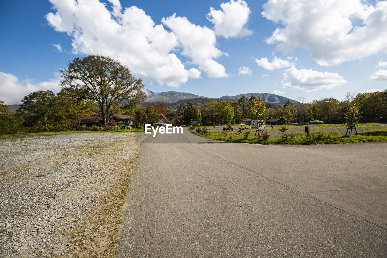 SURFACE LEVEL OF ROAD ALONG PLANTS AND TREES AGAINST SKY