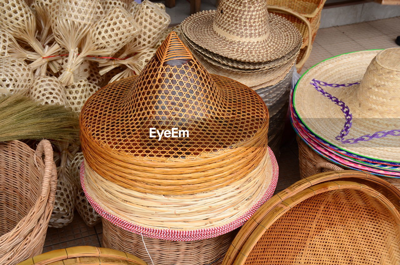 HIGH ANGLE VIEW OF MULTI COLORED WICKER BASKET FOR SALE