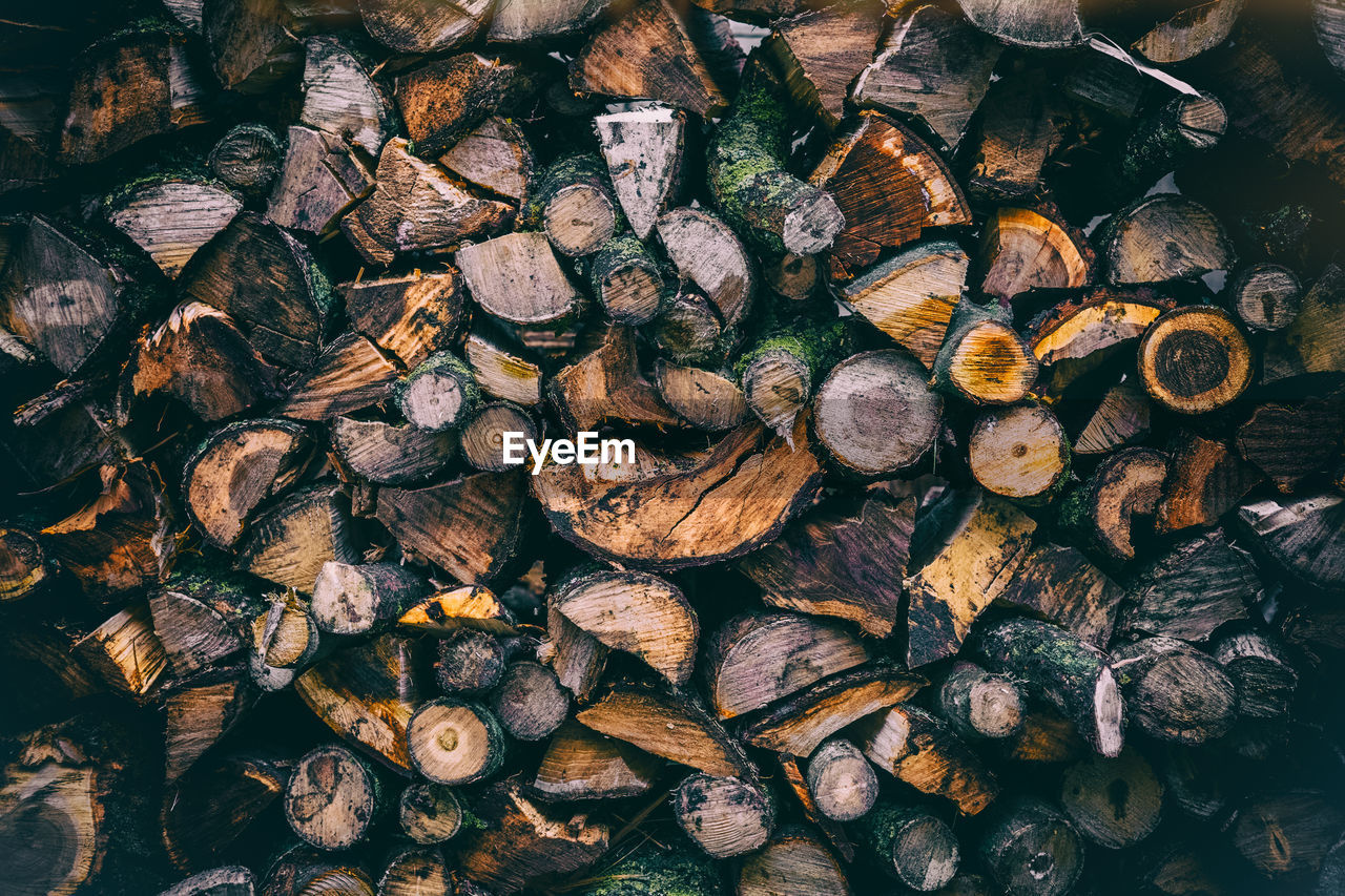 FULL FRAME SHOT OF FIREWOOD STACKED