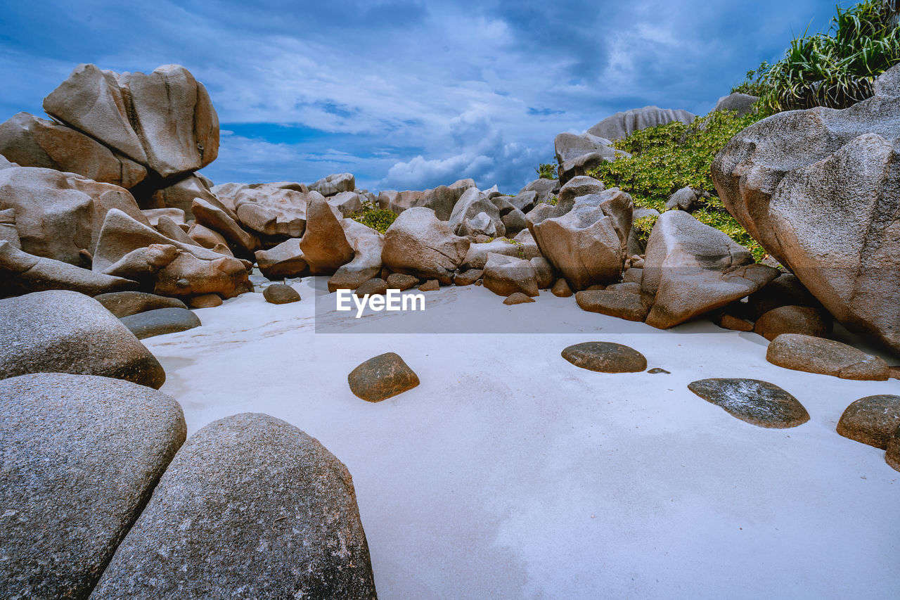 ROCKS ON SHORE AGAINST SKY