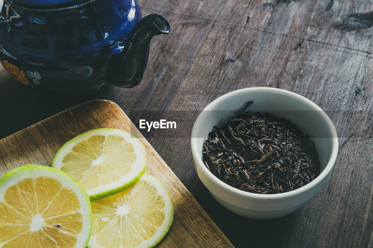 High angle view of tea served on table