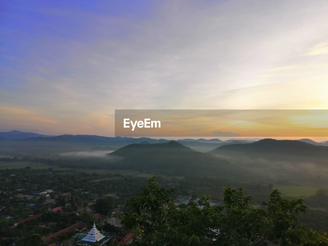 High angle view of landscape against sky during sunset